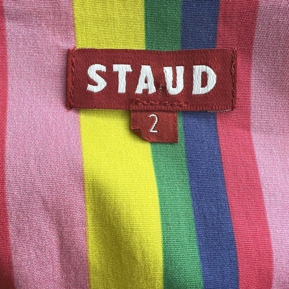 STAUD Alice Pink Colorful Rainbow Striped Poplin V-Neck Tie-Front Dress Sz 2 - Picture 11 of 14